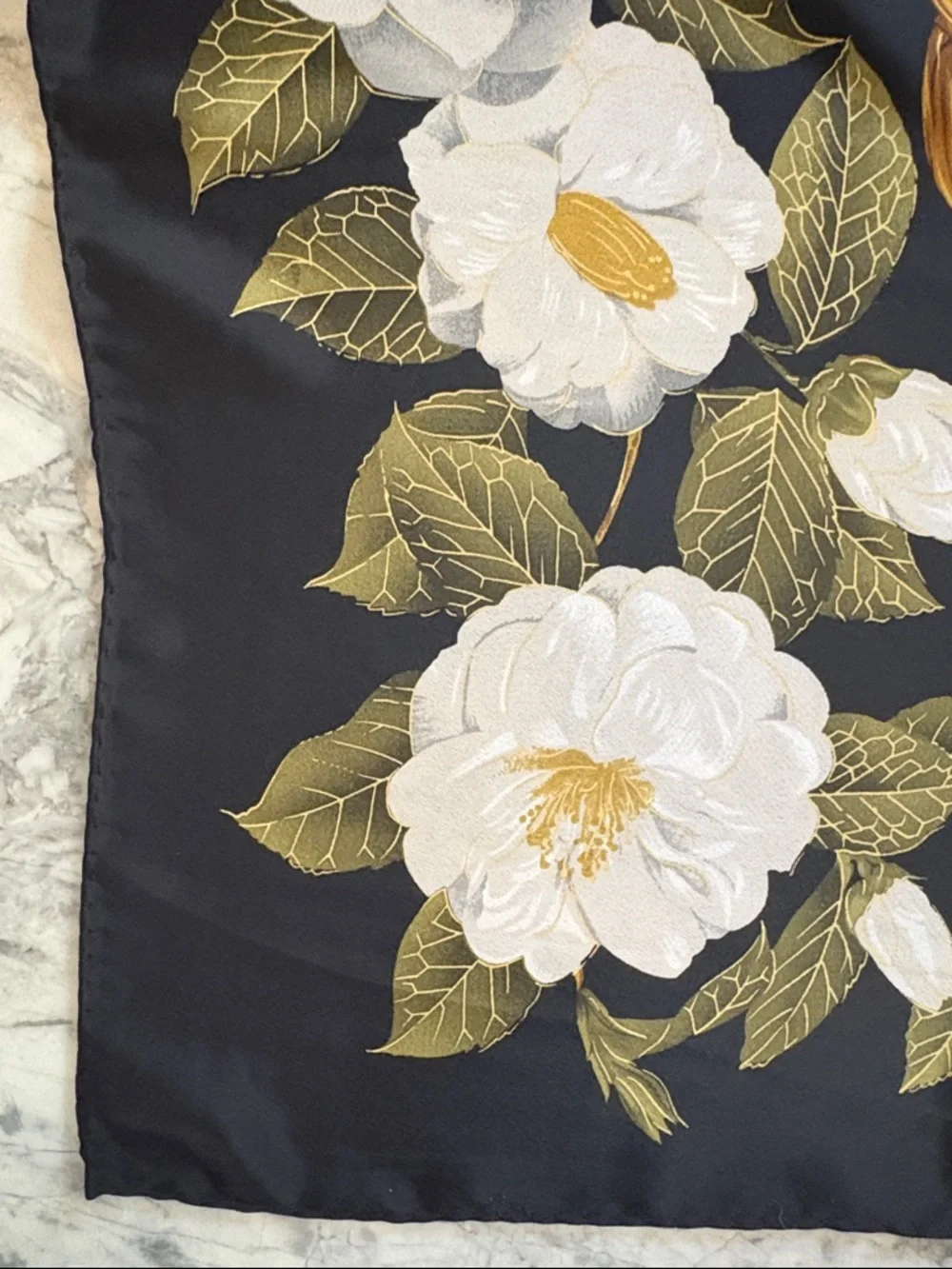 Vintage Chanel Camellia Print Silk Scarf. Black, Gold and White.